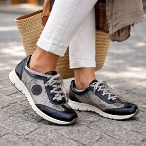 MEPHISTO Runoff Air-Jet Leather Lace-Up Sneakers | Black & Metallic | Cushioned